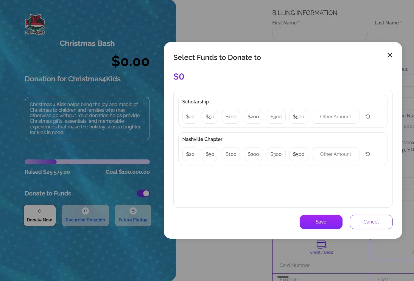 A donor splitting one gift across two designated funds