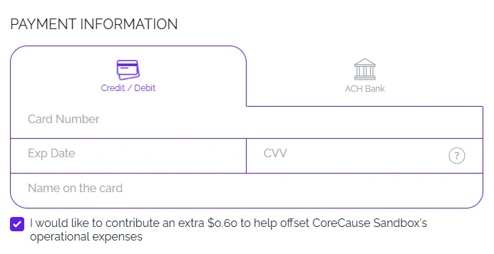 The checkout option where a giver covers the processing fee