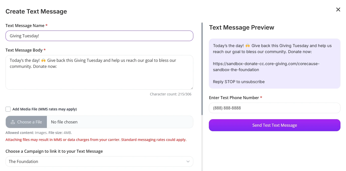 The CoreCause text message composer with a live preview of the message