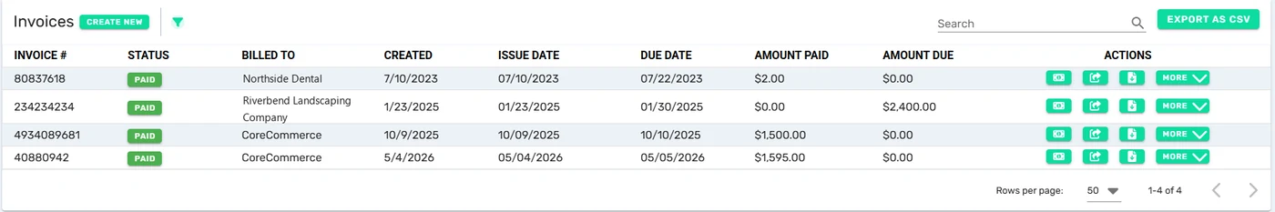 CoreGateway invoice list showing paid invoices with amounts, issue dates, due dates and an export option
