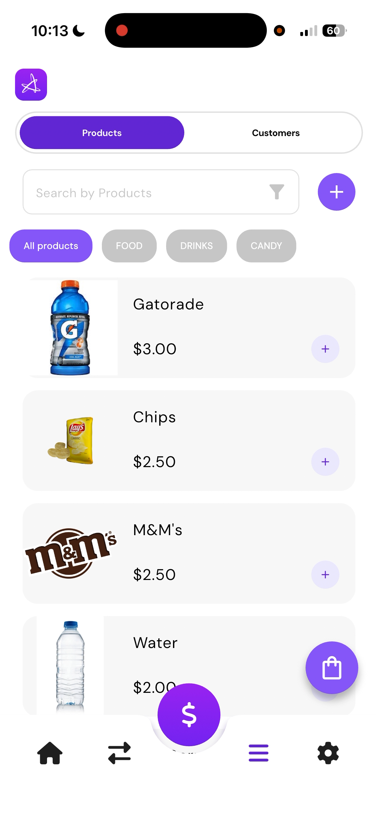 CoreMobile product list showing Gatorade, chips, M&M's and water with prices ready to add to a sale