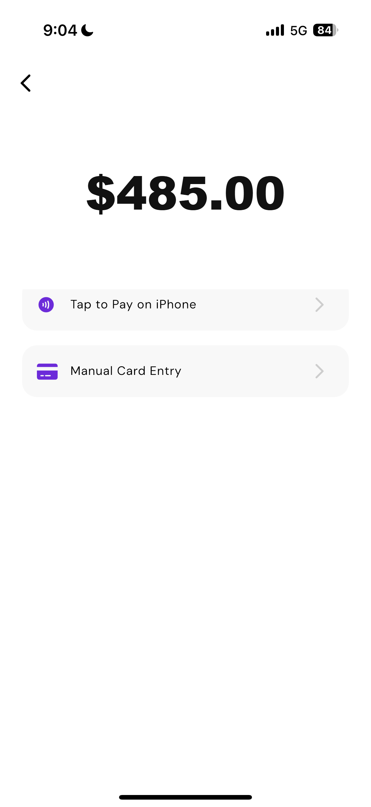 CoreMobile tap-to-pay checkout screen showing a $485.00 sale ready to accept a tap payment